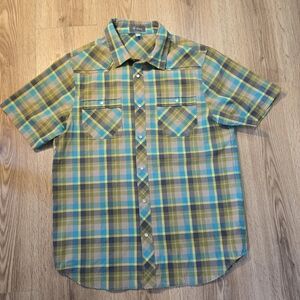 Ibex Shirt Mens Medium Green Blue Plaid 100% Wool Short Sleeve Button Up